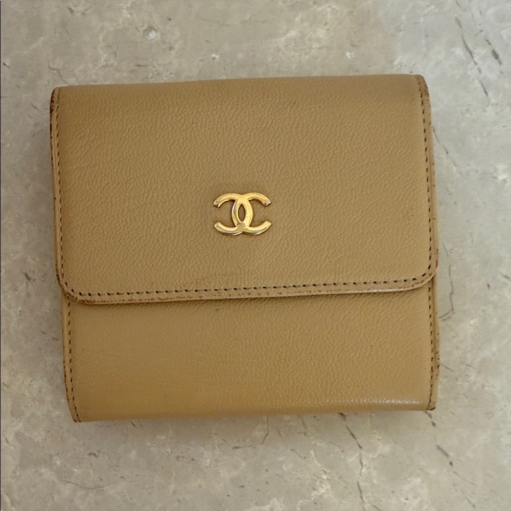 Authentic CHANEL Beige Leather Wallet with Gold Logo